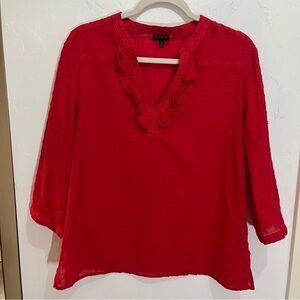 Talbots Red Ruffle Swiss Dot 3/4 length Sleeve Blouse Medium